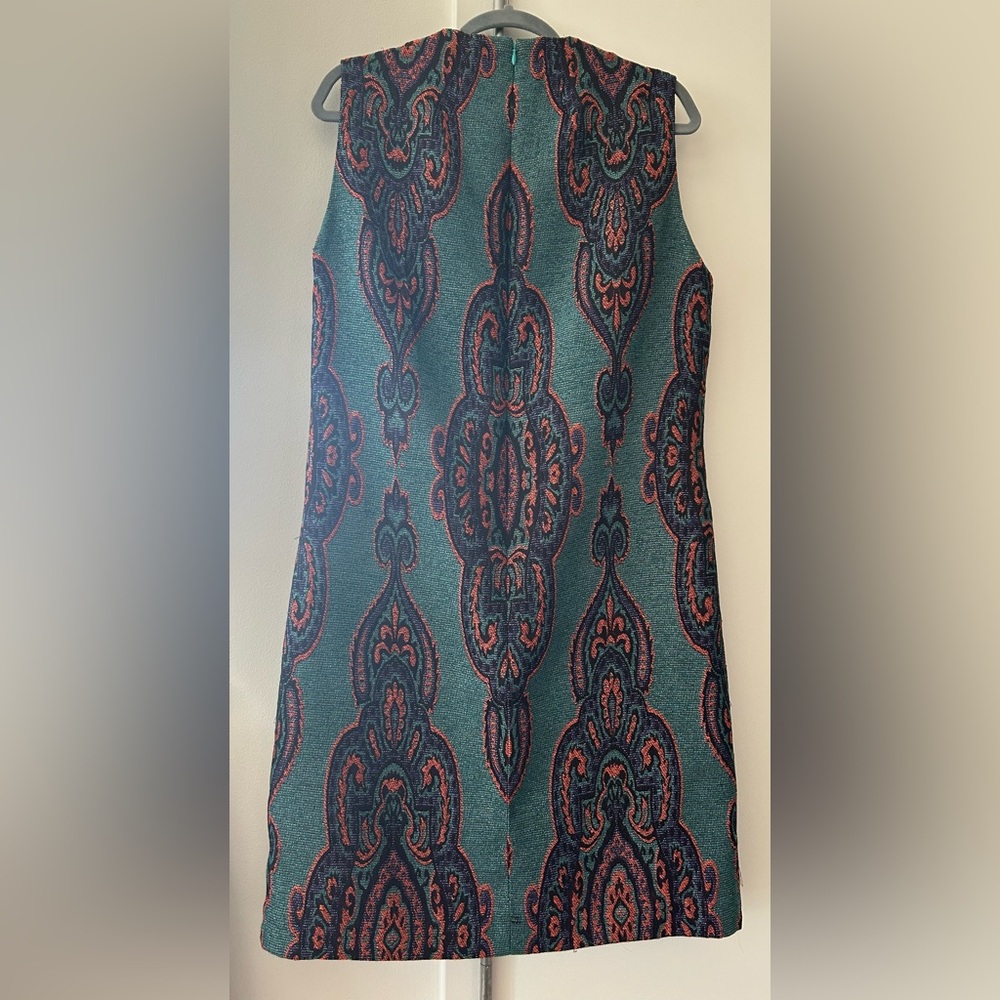 Carlisle Blue and Green Sheath Dress Mock Neck Sleeveless